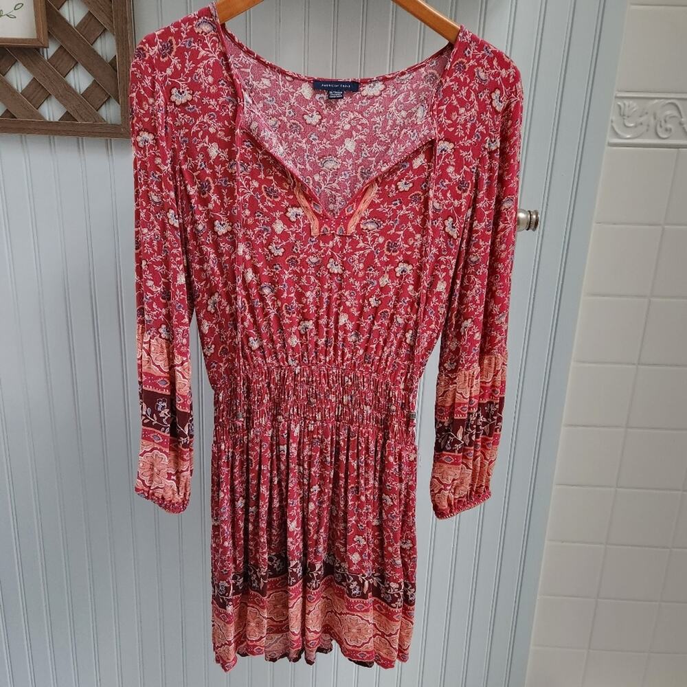 American Eagle Red Boho Long Sleeve Patterned Ruched Waist Dress